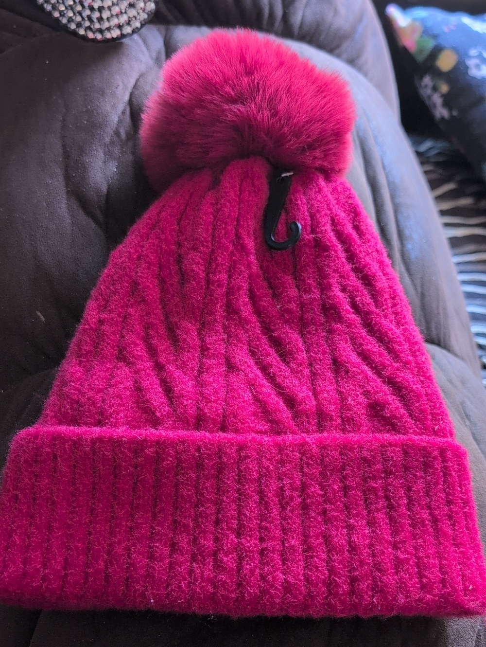 Fuchsia Pom-Pom Knit Beanie - Womens Winter Hat